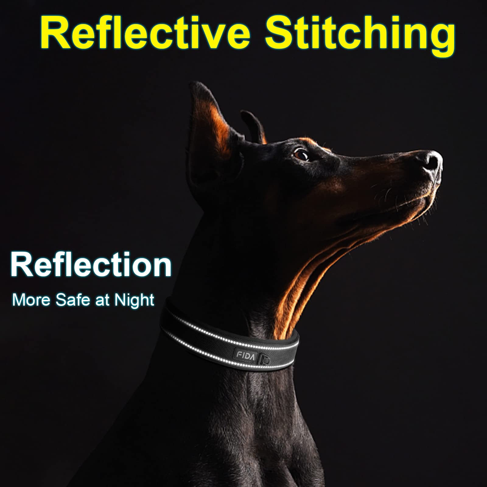 Fida Heavy Duty Dog Collar, Ultra Comfortable Soft Neoprene Padded, Adjustable Reflective Nylon Pet Collar With Durable Metal Be
