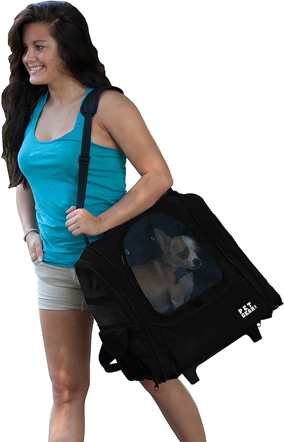 Pet Gear I-Go2 Roller Backpack, Travel Carrier, Car Seat For Cats/Dogs, Mesh Ventilation, Included Tether, Telescoping Handle, S