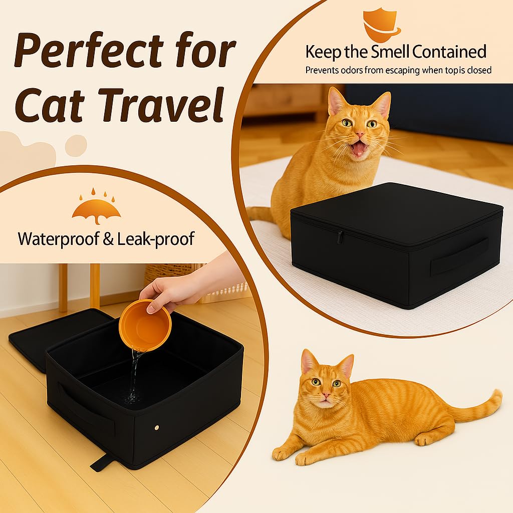 Loyareal Portable Travel Litter Box For Cats, Small Foldable Travel Cat Litter Box With Zipped Lid, No Smell, Waterproof, Leak-P