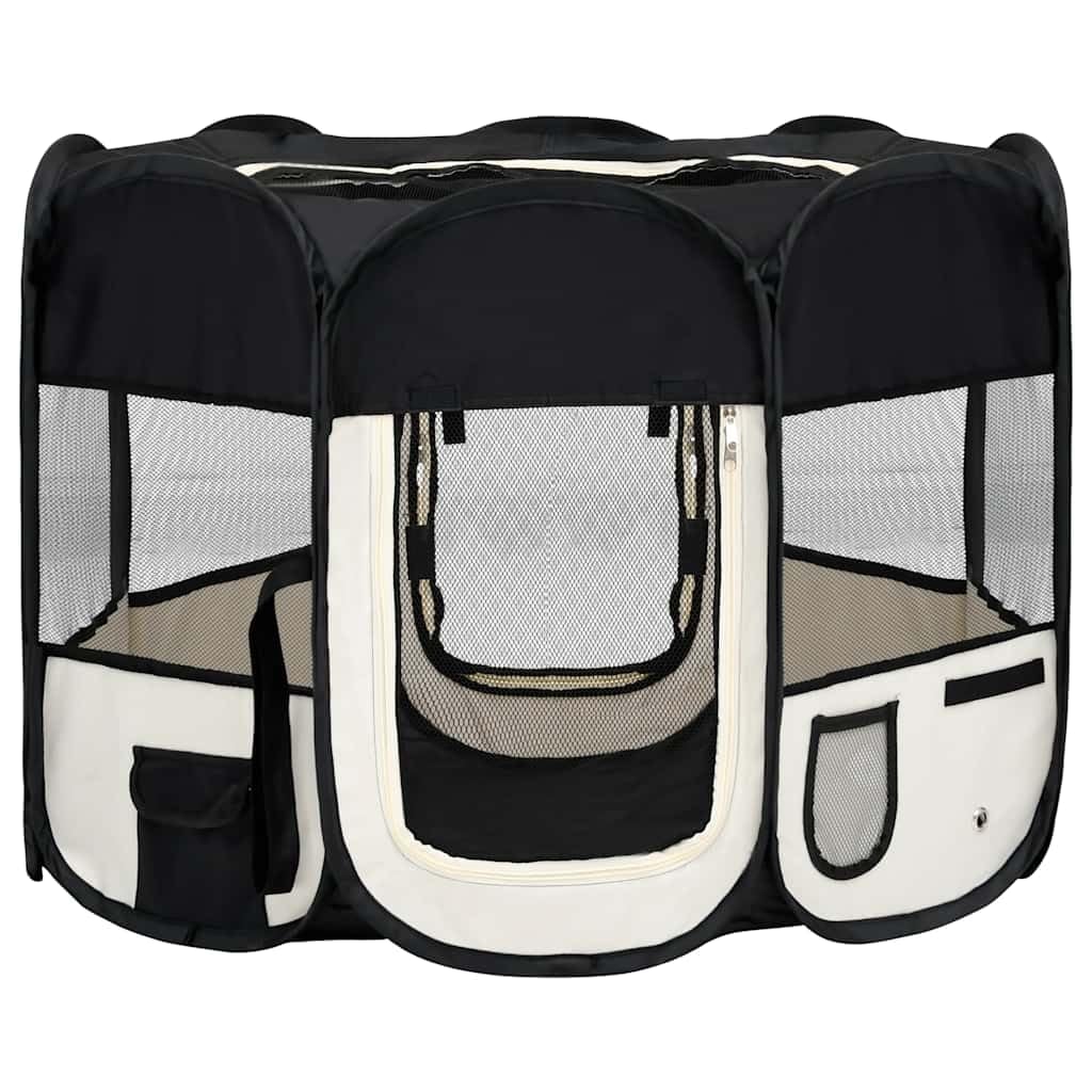 vidaXL Foldable Dog Playpen in Black and Cream - Portable and Compact Indoor/Outdoor Pet Play Area with Carrying Bag, Sturdy Ste