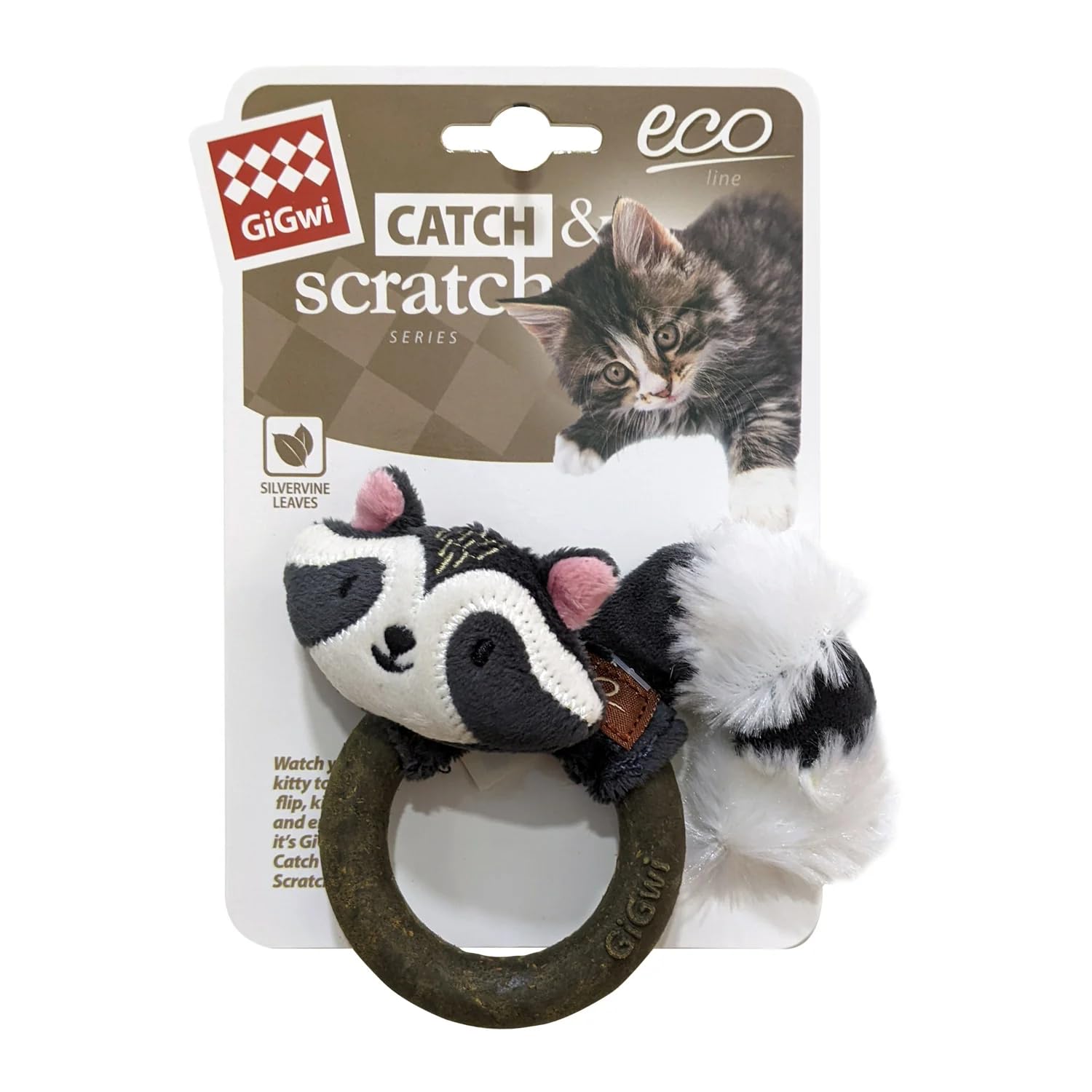 Gigwi Eco Line Raccoon Silvervine Ring, Interactive Soft Plush Cat Toy, EcoFriendly Dental Chew For Oral Health, Promotes Hunti
