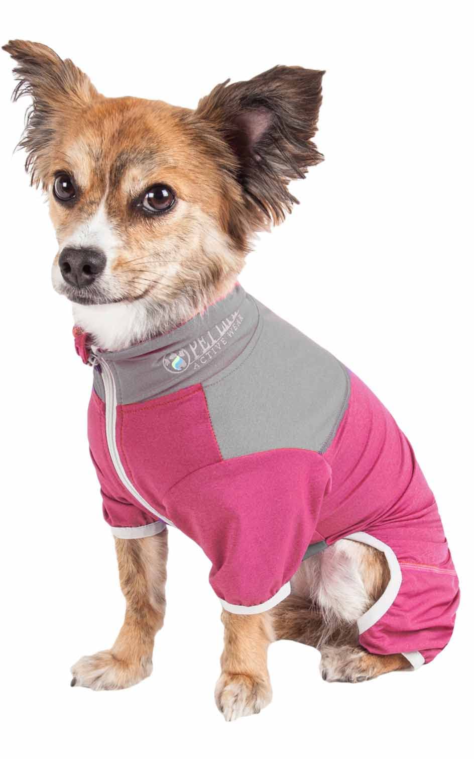 Pet Life  Active 'Embarker' Heathered Performance 4-Way Stretch Two-Toned Full Body Warm Up, Pink And Grey  - X-Large