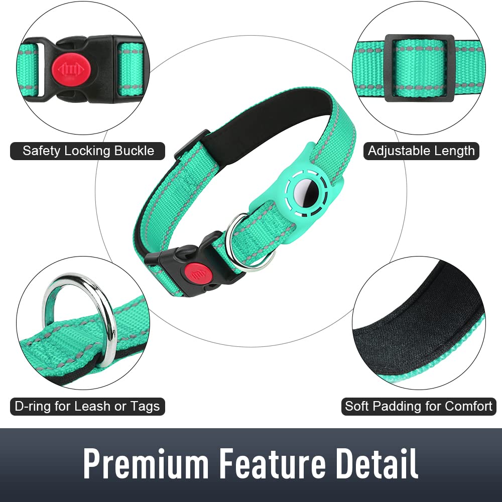 Erbine Airtag Dog Collar For Medium Dogs, Reflective Dog Collars With Airtag Holder, Soft Padded & Safety Locking Buckle, Nylon Pet Collar Adjustable For All Breeds, Teal