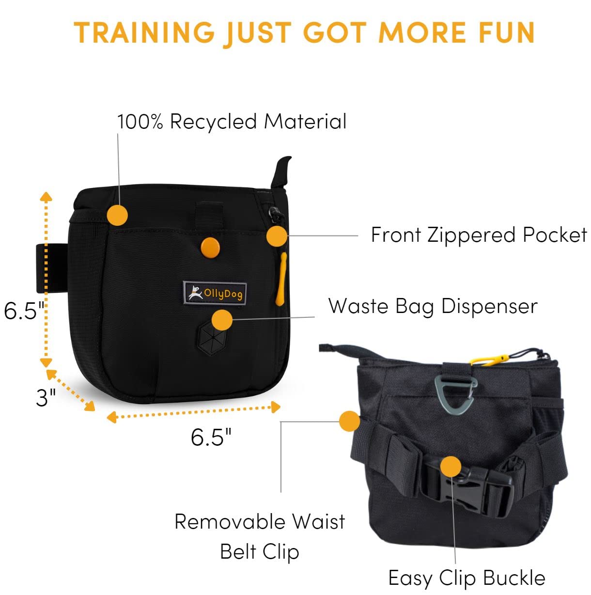 OllyDog Backcountry Day Bag Fanny Pack, Dog Treat Pouch, Polyester, One Size, Raven, Model 1050-1100-102