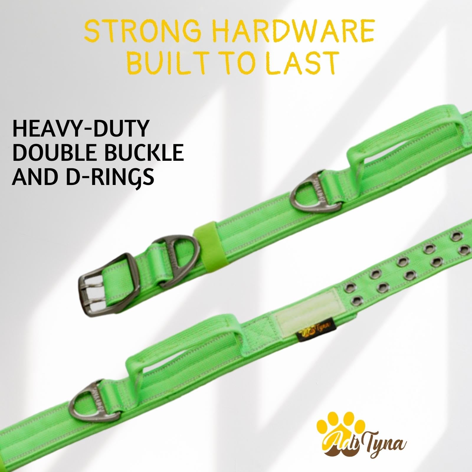 Adityna Heavy Duty Dog Collar For Medium Dogs - Reflective Green Collar With Handle For Training, And Walking - Wide, Thick, Tac