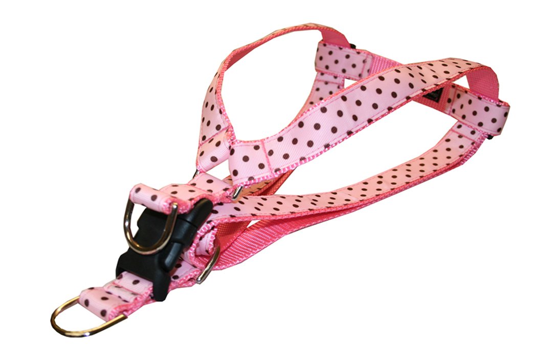 Small Pink/Brown Polka Dot Dog Harness: 5/8 Wide, Adjusts 15-21 - Made in USA.