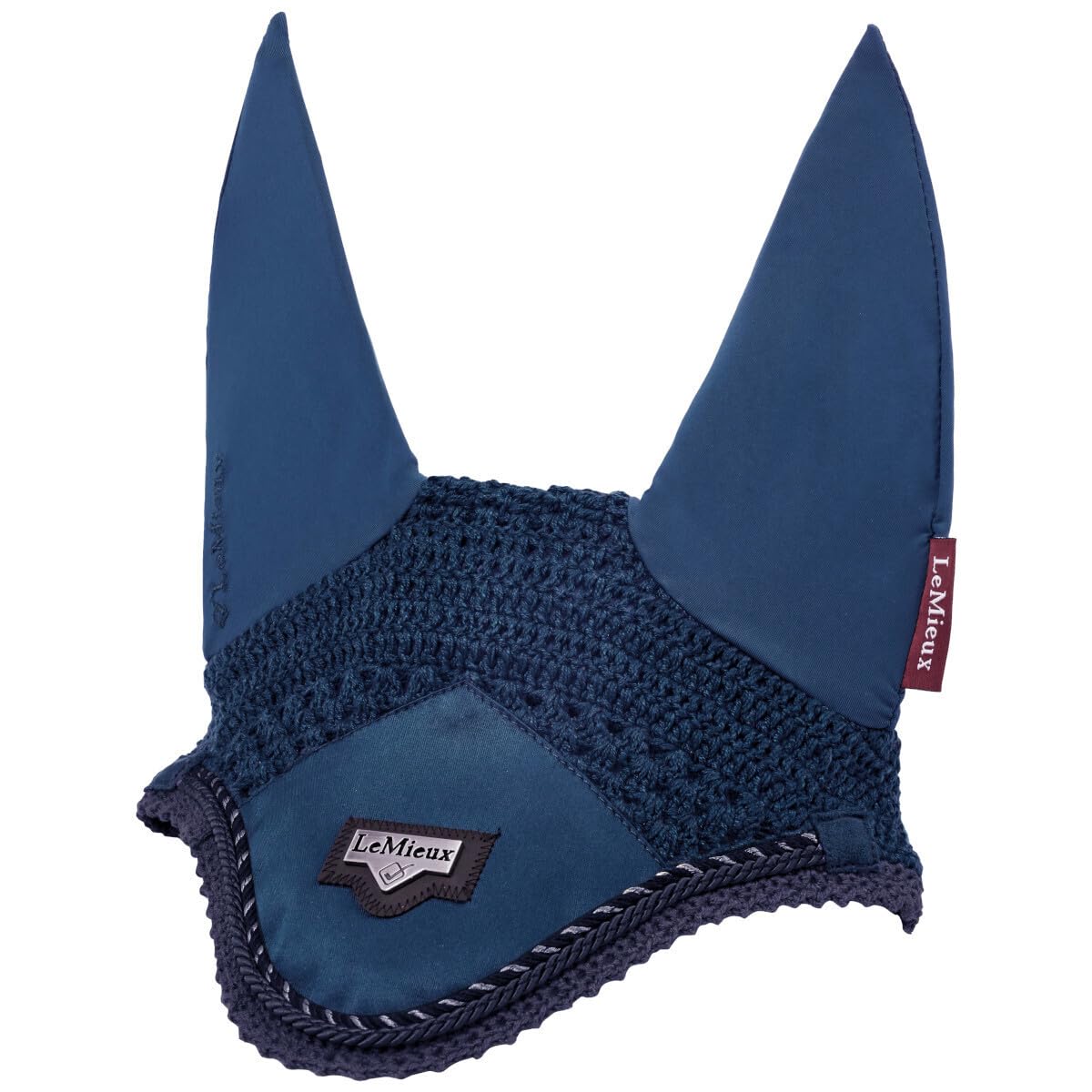 LeMieux Loire Ear Bonnet - Signature Metal Embossed Motif - Recycled Crochet - Satin Fabric Front - Soft Stretch Ears - Walnut -
