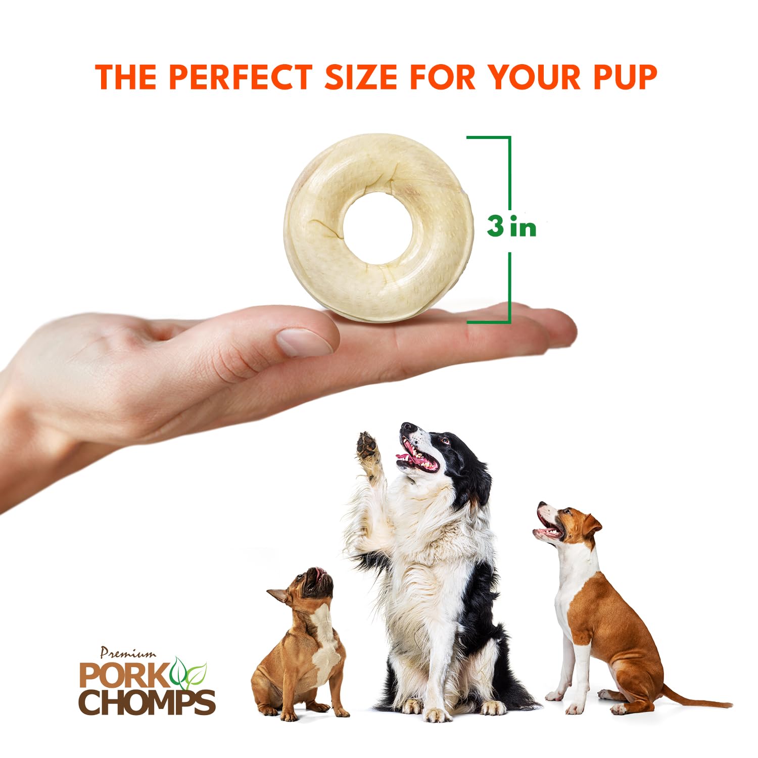 Pork Chomps Pressed Pork Skin Dog Chews, Real Chicken, 8 Count, 2.5-inch Rings, Brown