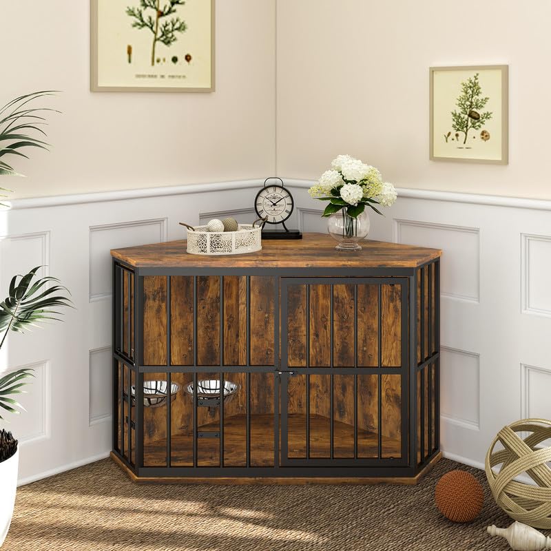 ROOMTEC 42 inch Furniture Dog Crate Corner, Dog Kennel Corner Wooden End Table with Bowl, Indoor Pet Crates Corner Side Table fo