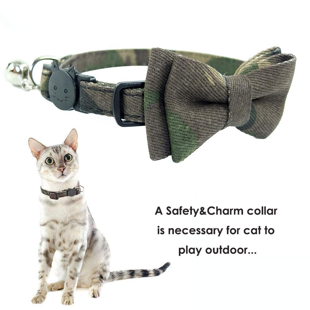 Cat Collar Bowtie With Bell, Quick Release Buckle Safety And Durable Kitties Kittens Cats Breakaway Collar(6.8-10.8In) (Camouflage 2)