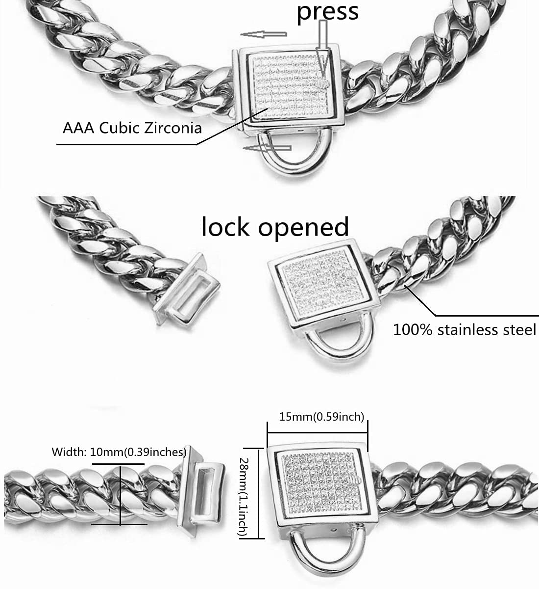 Aiyidi Dog Chain Collar 10Mm Wide Cuban Link Puppy Collar 316L Stainless Steel With Cz Diamond Lock Bling Collar For Medium Dogs