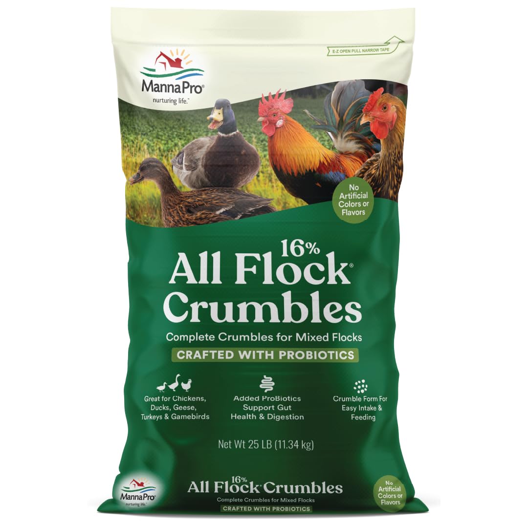 Manna Pro All Flock Crumbles, 16% Protein, Complete Feed for Poultry & gamebirds. Contains probiotics for Digestion, no Artifici