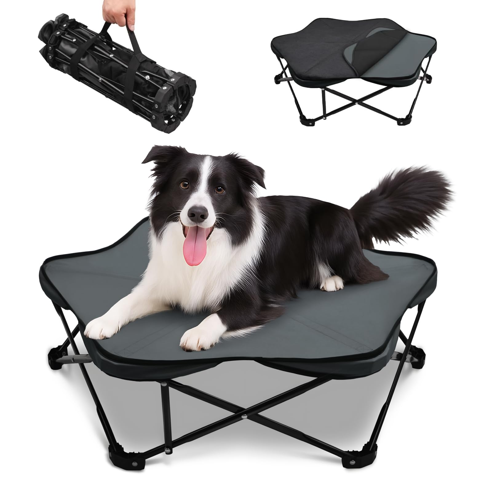 Pozico Hexagonal Elevated Dog Bed, 32'' Foldable Pet Cot With Carry Handle, Removable Plush Cushion, Breathable Raised Frame For