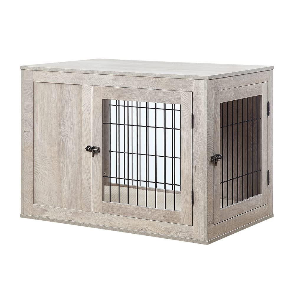 Unipaws Furniture Style Dog Crate For Medium Dogs, Indoor Aesthetic Puppy Kennel With Door, Modern Decorative Wood Wire Pet House Dog Cage, Pretty Cute End Side Table Nightstand, Weathered Grey