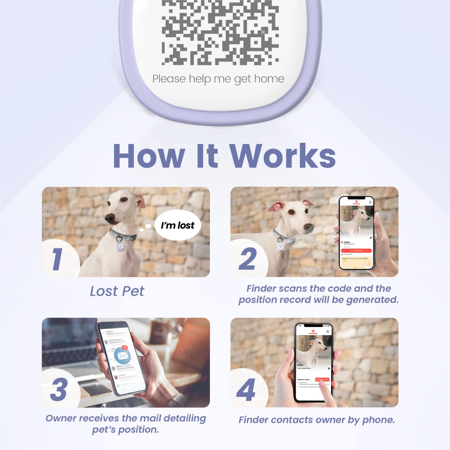 Pawaii QR Code Pet ID Tag - Silicone Emergency Contact Tag, Purple