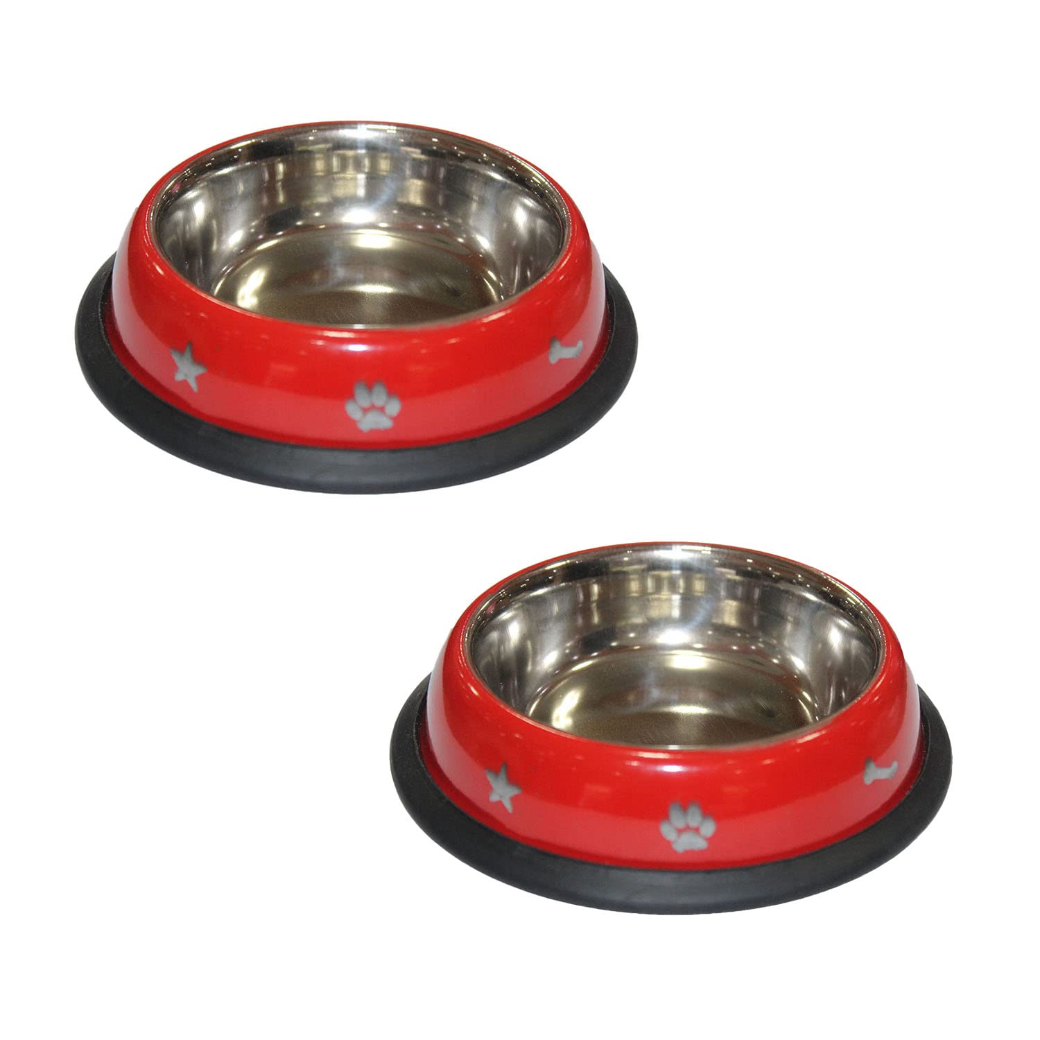 Emily Pets Stainless Steel Printed Food Water Feeding Bowl And Black Rubber Base Dogs & Puppies (Multi Colour) Pack Of Two,?15.5