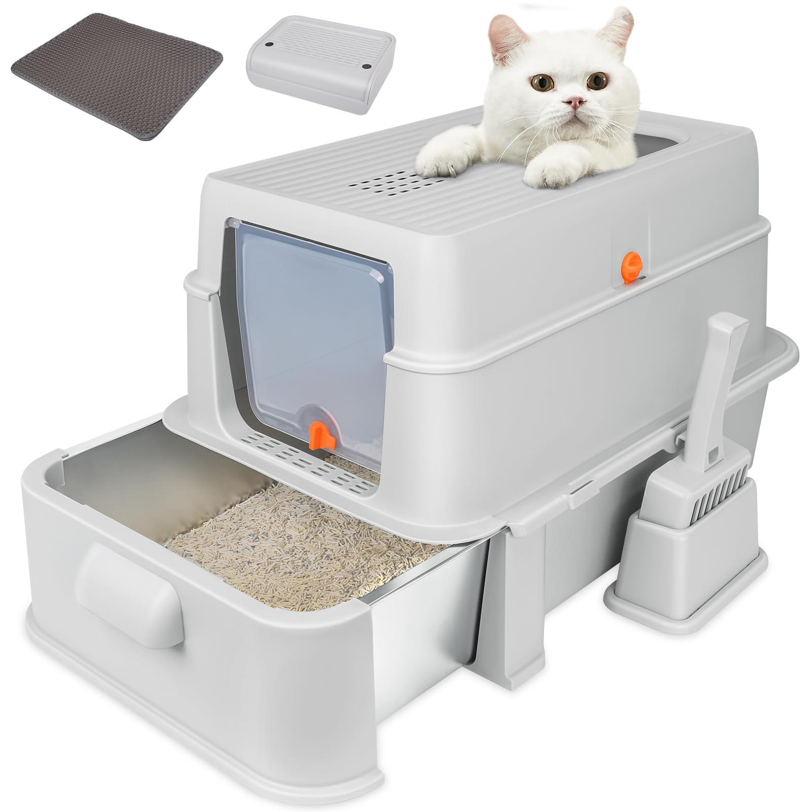 Elegx Odor-Control Extra Large 24' L  16' W Drawer Design Stainless Steel Cat Litter Box,Xl Large 4-In-1 Cat Metal Litter Box 