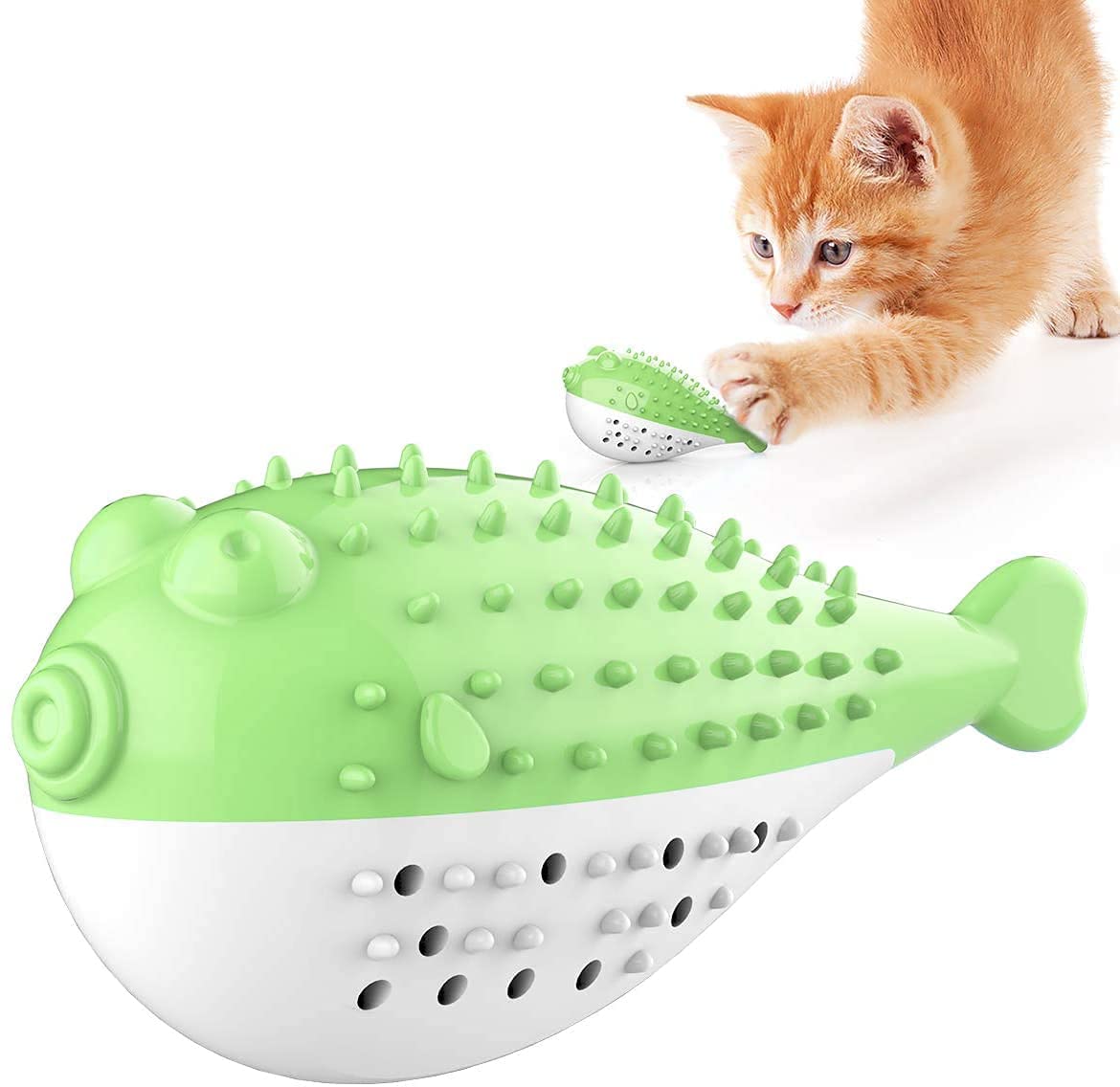 Pups&Pets Catnip Toys Cat Toothbrush Puffer Fish Shape Pet Molar Stick Interactive Chew Toy Silicone Cat Toothbrush Fish Kitten