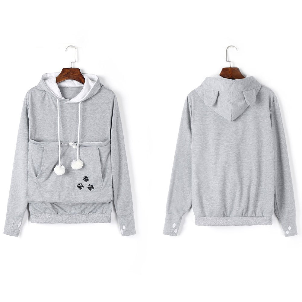 Jomago Womens Pet Carrier Thin Hoodies Kitten Puppy Pouch Shirts Animal Holder Hood Long Sleeve Sweatshirt Thin Grey