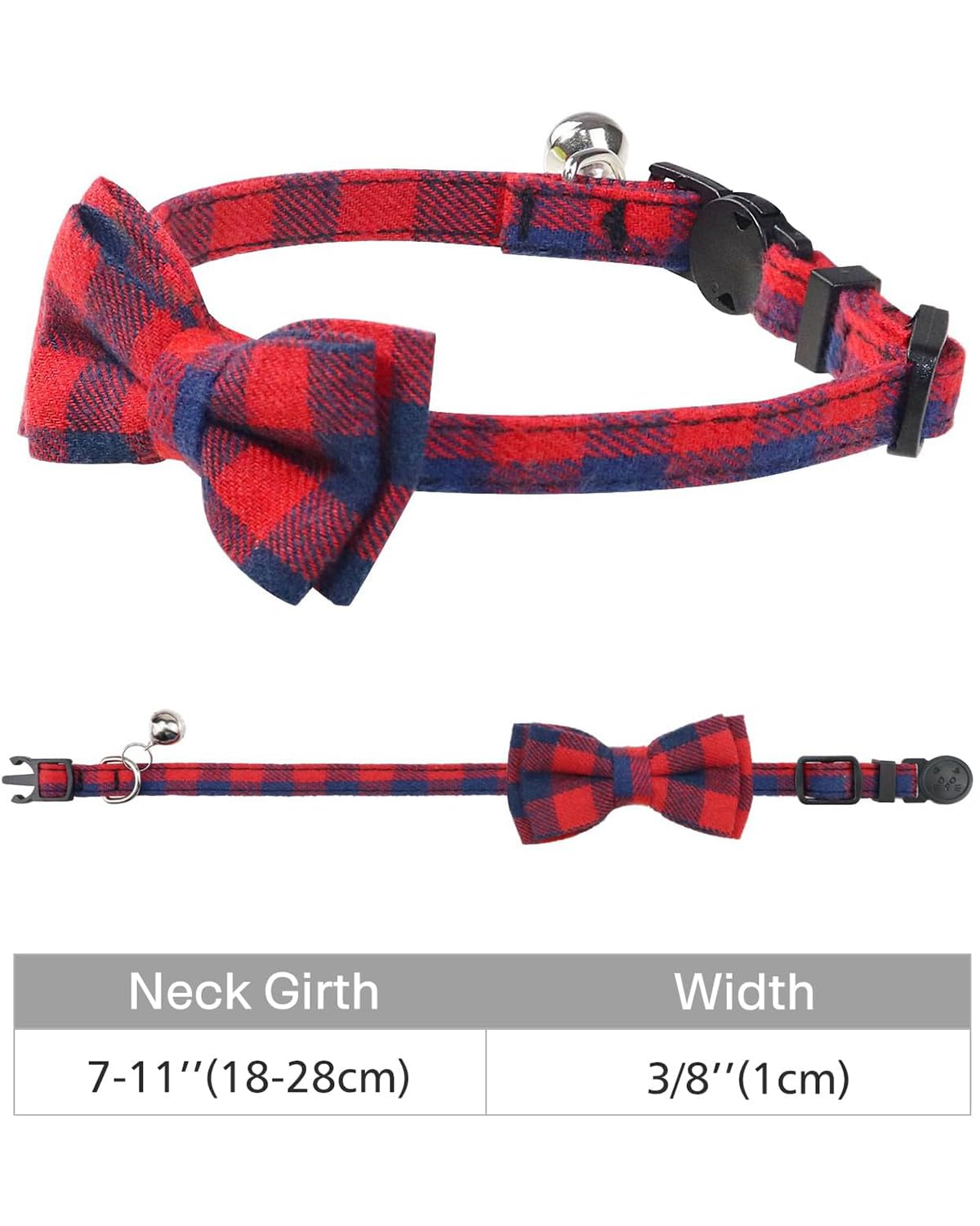Joytale Upgraded Cat Collar With Bells, Breakaway Cat Collars With Bow Tie, 1 Pack Girl Boy Safety Plaid Kitten Collars, Red