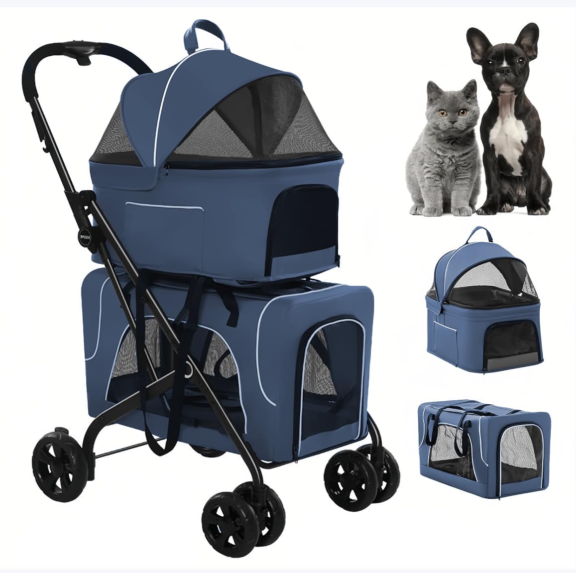 upnorthstar Pet Stroller with 2 Detachable Carriers, Folding Design, Large Capacity for Cats and Small Dogs, Navy, Medium