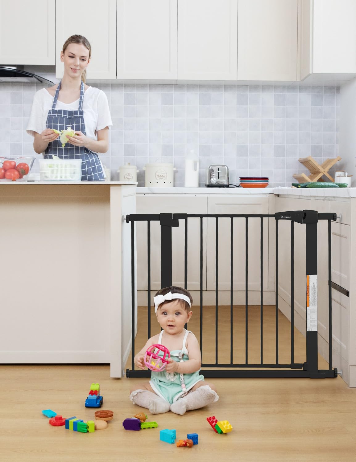 Comomy 30' Tall Baby Gate For Stairs Doorways, Fits Openings 29.5' To 43.3' Wide, Auto Close Extra Wide Dog Gate For House, Pressure Mounted Easy Walk Through Pet Gate With Door, Black