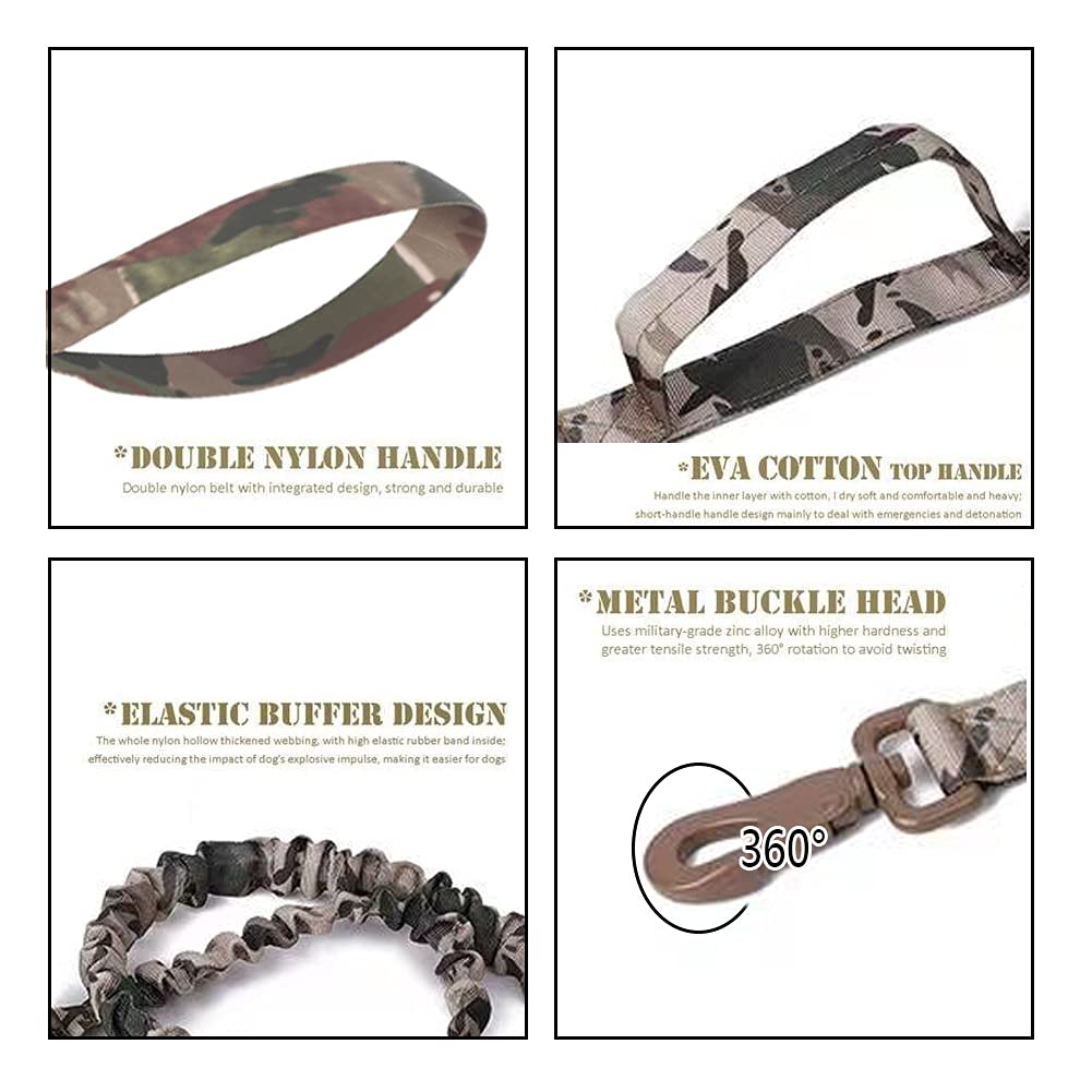 Tactical Dog Collar And Leash Set Tactical Dog Collar With Handle Bungee Leash Adjustable Military Training Nylon Collar Dog Training Collar Leash Set With Control Handleand Metal Buckle (Camo L