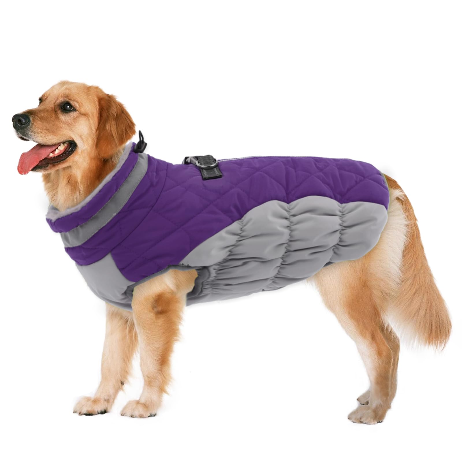 LeLePet Warm Dog Winter Coat, Waterproof Fleece, Windproof, Reflective, Turtleneck, Harness, Purple, XXX-Large