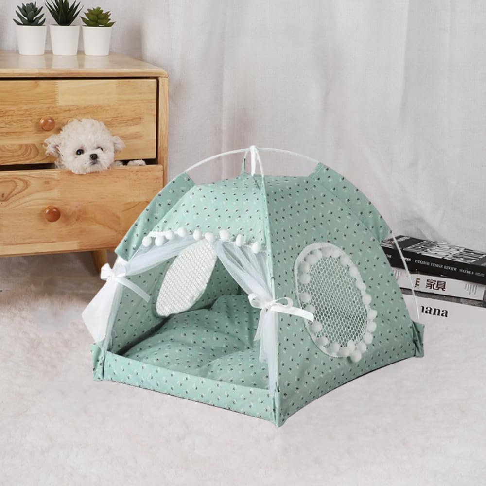 Cat Bed Tents Dog House Indoor Outdoor Lace Mesh Breathable Windows Door Curtains Removable Portable Nest Teepe House (Small,Min
