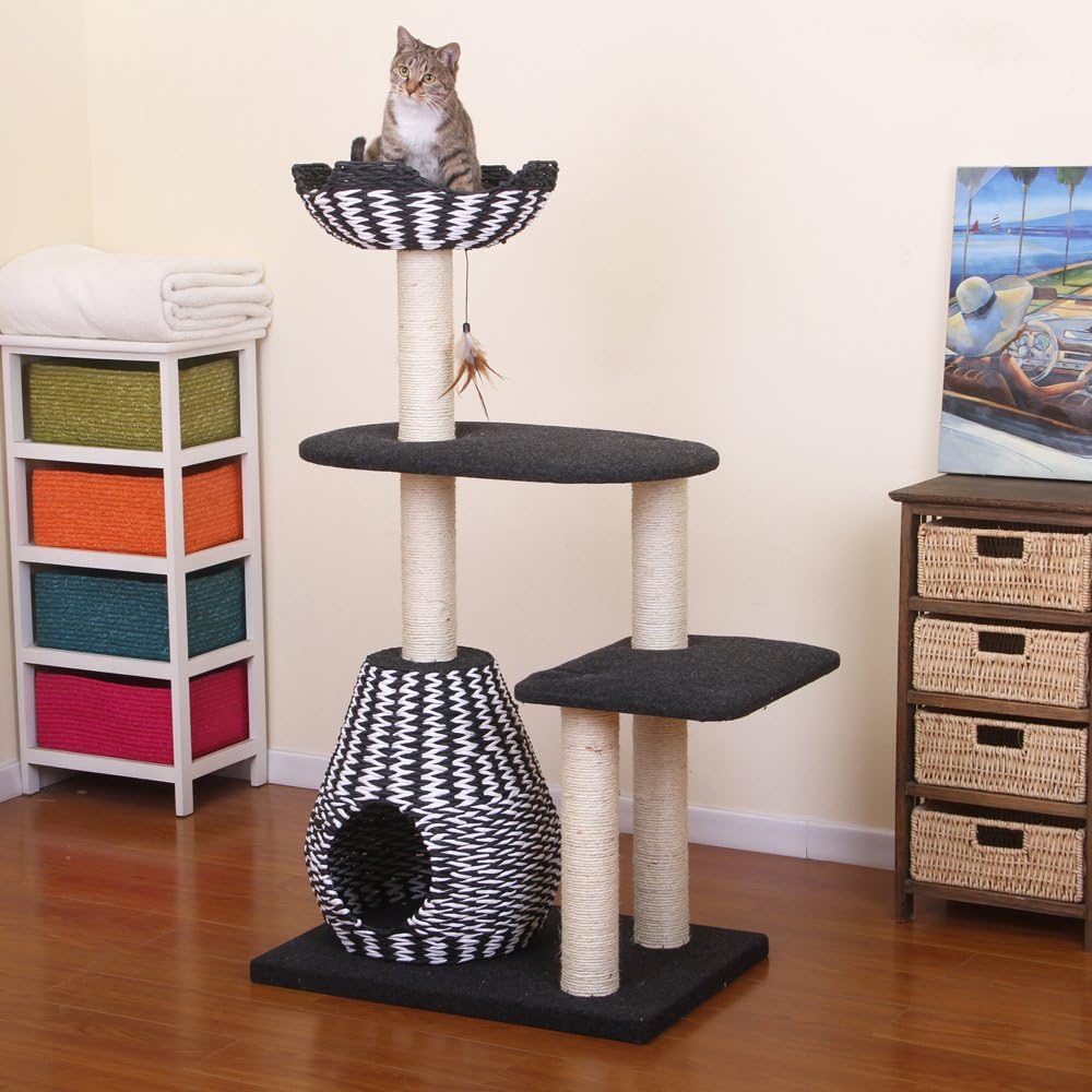 PetPals Cat Tree Royal - 3 Level, Jet Black & Porcelain White, 27x19x49", Durable Paper, Model PP2582-ROCKY, Fun Toy Included