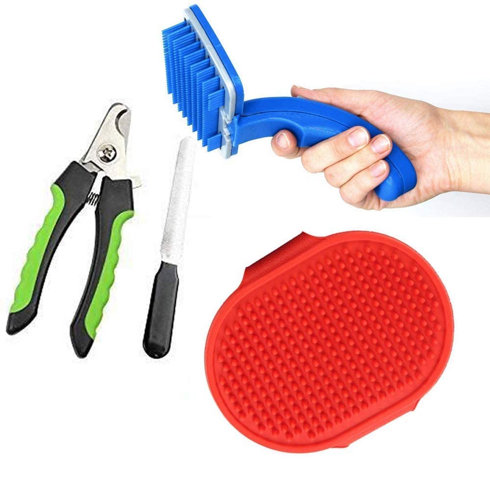 Psk Pet Mart Dog Grooming Combo Of 4 Pcs Set Bathing Glove, Plastic Slicker Brush And Nail Cutter With Grinder