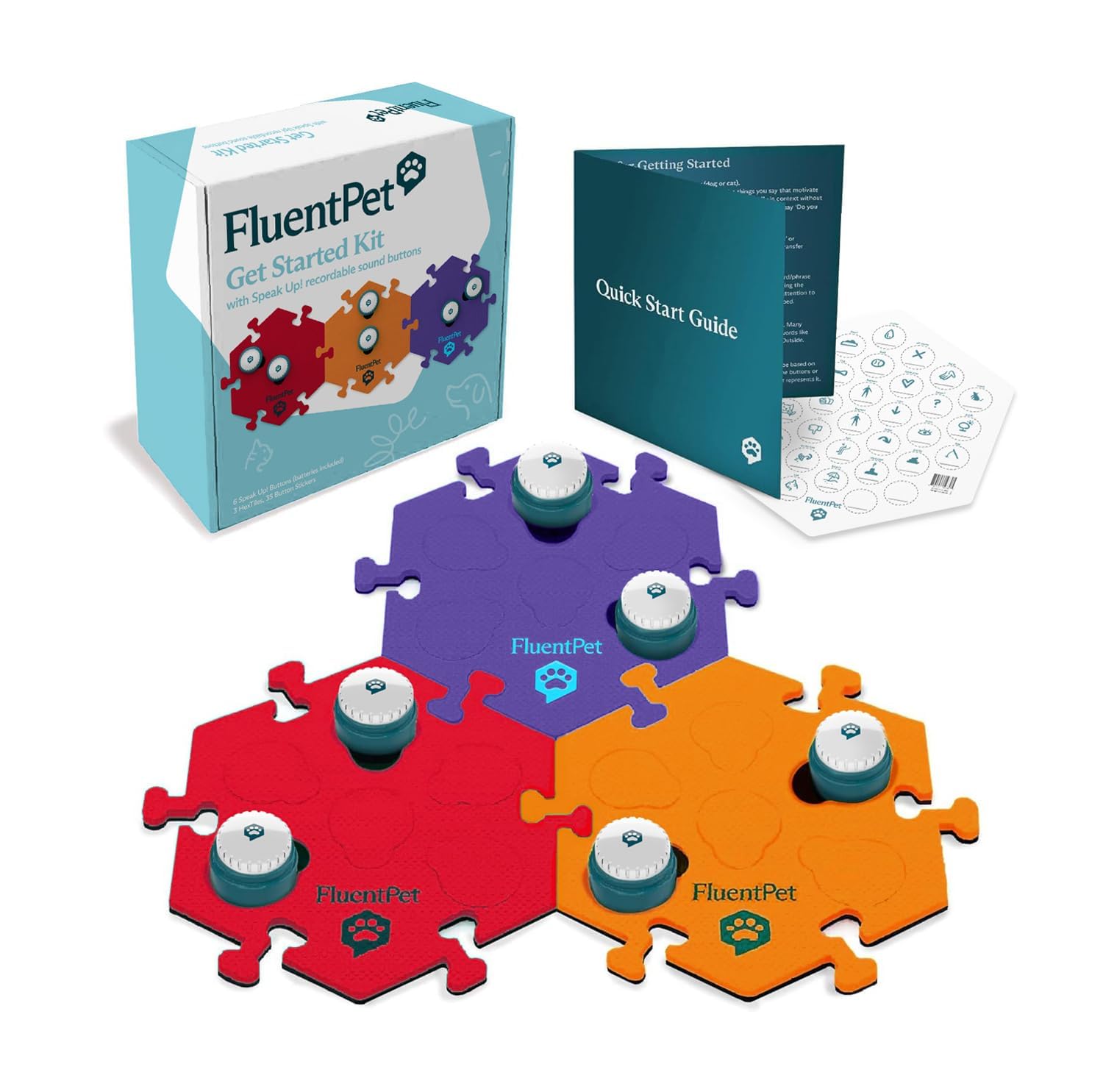 Fluentpet Speak Up! Get Started Kit With Clearer Upward-Facing Sound | 6 Recordable Buttons W/Pre-Installed Batteries & 3 Hextil