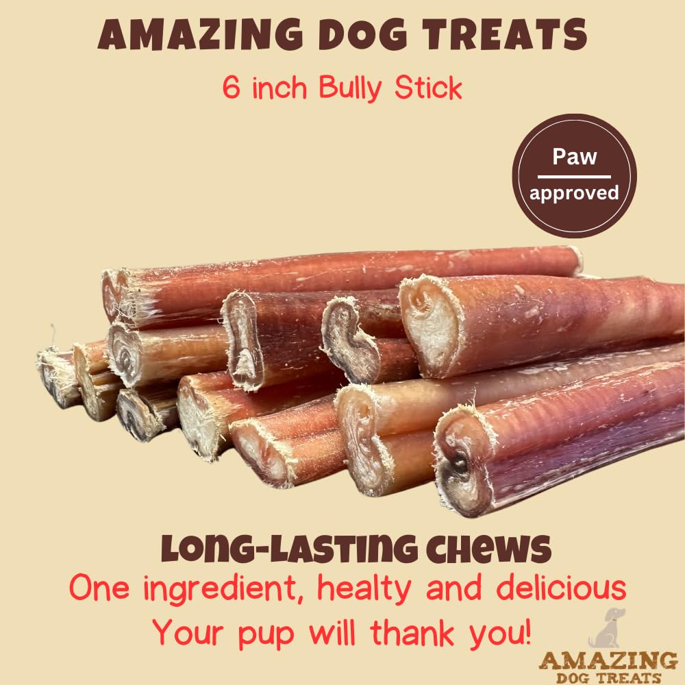 Amazing Dog Treats - 12 Inch Medium Size Bully Sticks (6 Count) - Bulk Bully Sticks for Dogs - No Hide Bully Stick Dog Bones