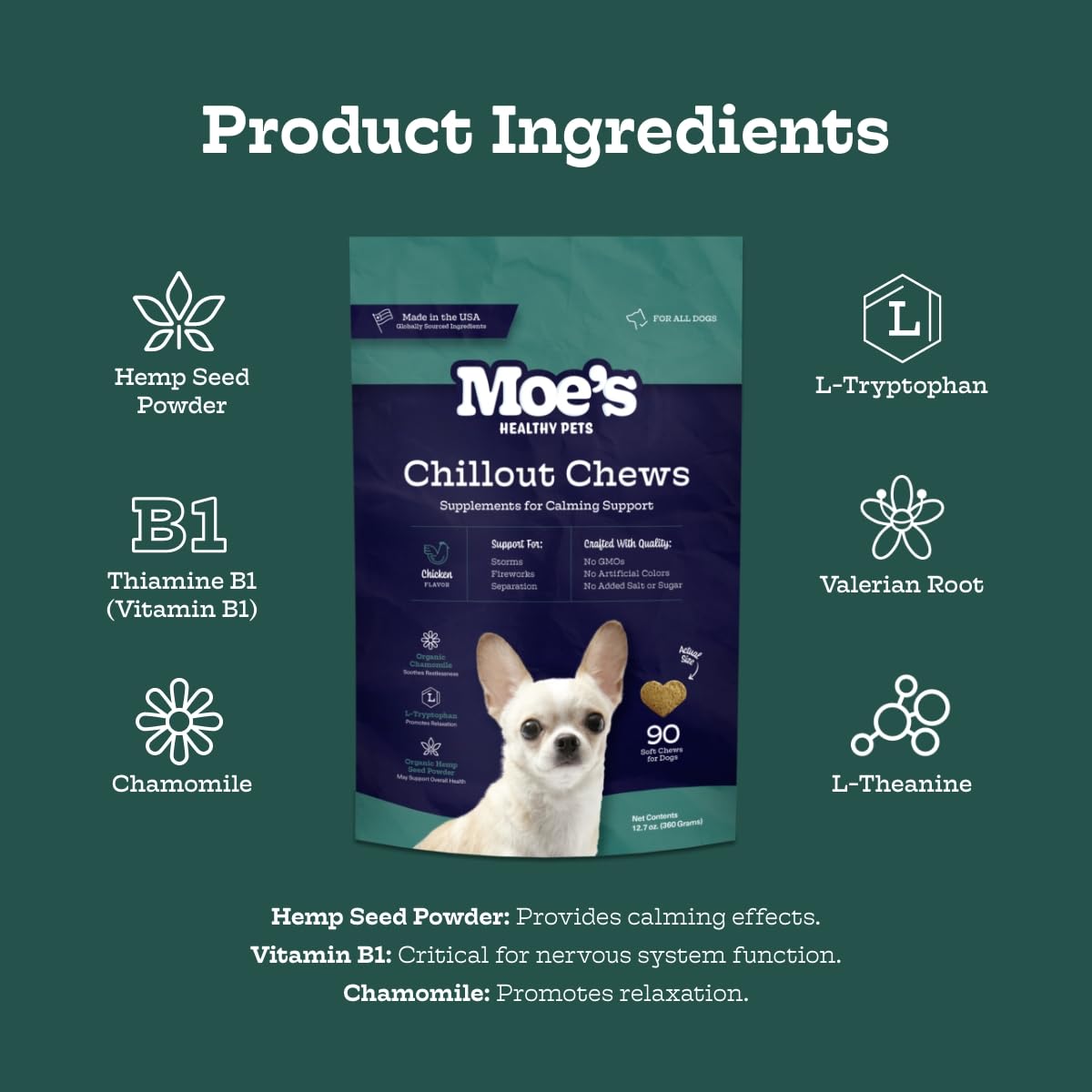 Moe      s Hemp Calming Chews for Dogs - Helps Aid with Storms, Fireworks, Chewing, Barking, Travel, Stress, Anxiety & Separatio