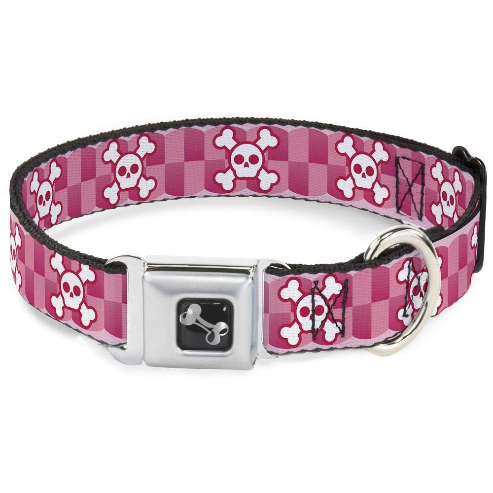 Buckle-Down Seatbelt Buckle Dog Collar - Cute Skulls W/Checkers Pinks/White - 1' Wide - Fits 11-17' Neck - Medium
