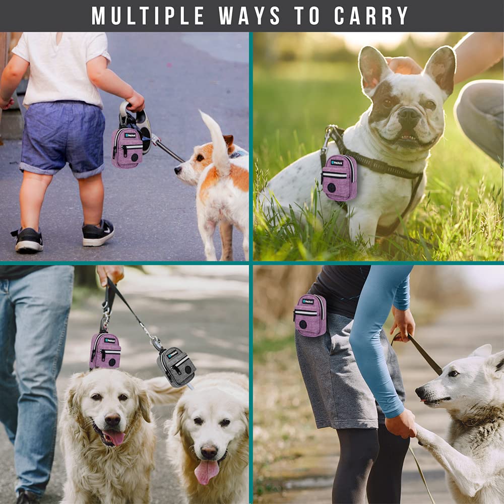 Petami Dog Poop Bag Holder | Dog Waste Bag Dispenser With Clip For Leash And Belt | Portable Fabric Doggy Waste Bag Holder For Walking Hiking Running Travel - With One Roll Of Dog Bag (Heather Purple)