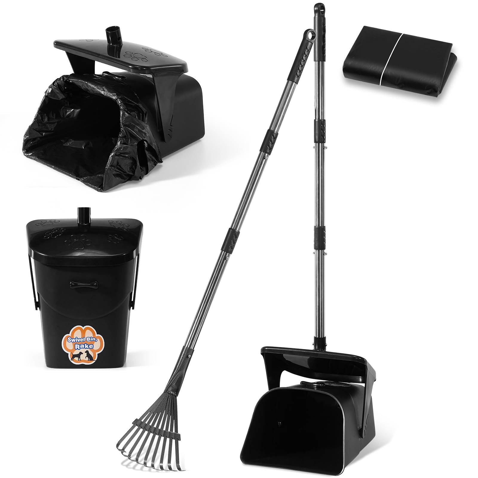Ulugt Stainless Steel Dog Pooper Scooper,40'' Long Handle Swivel Bin, Rake And Spade,20 Waste Bags & Hook - Heavy Duty Portable 