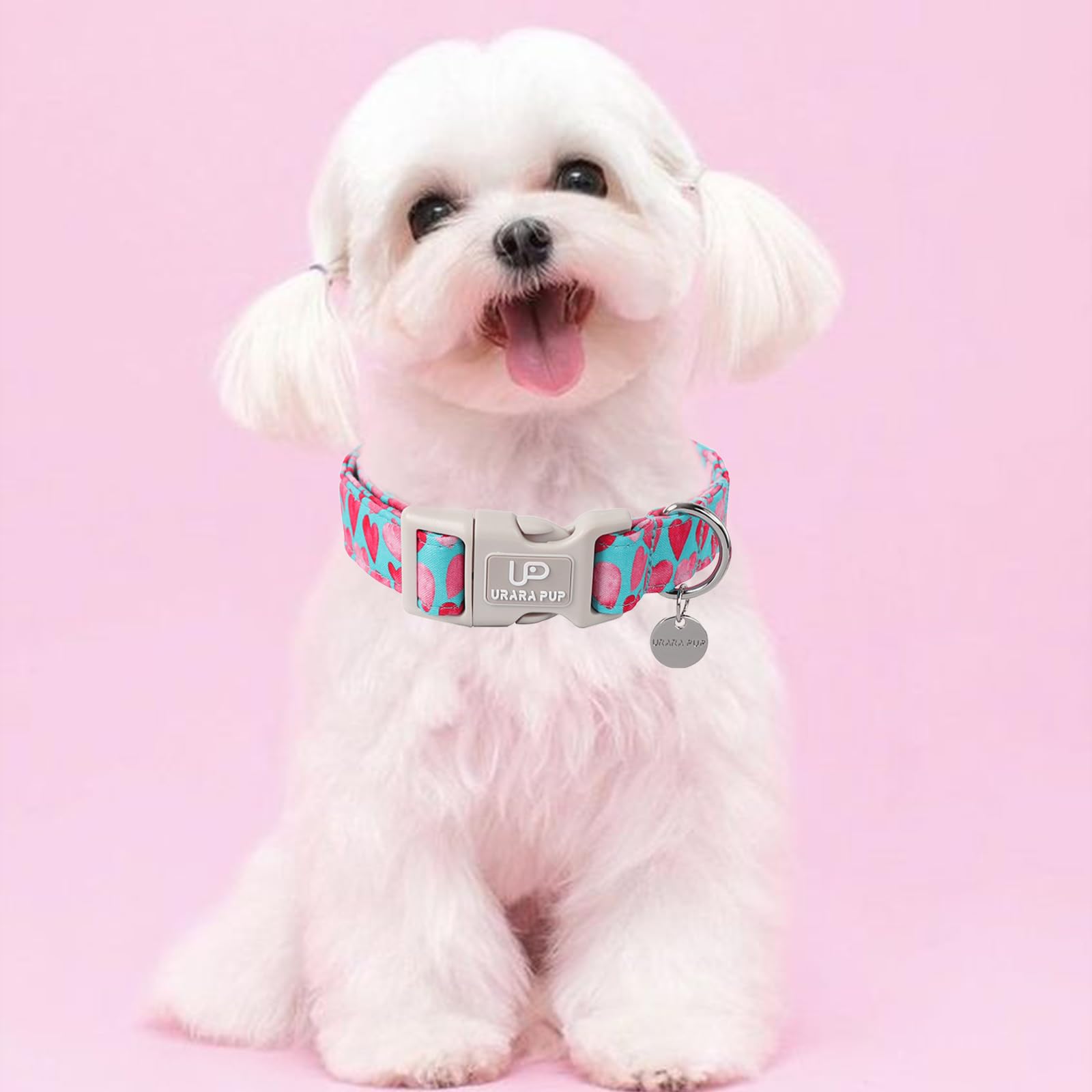 Up Urara Pup Pink Heart Dog Collar, Valentine'S Gift For Puppy Small Medium Dogs, Adjustable Size, Cotton Material, Unique Desig