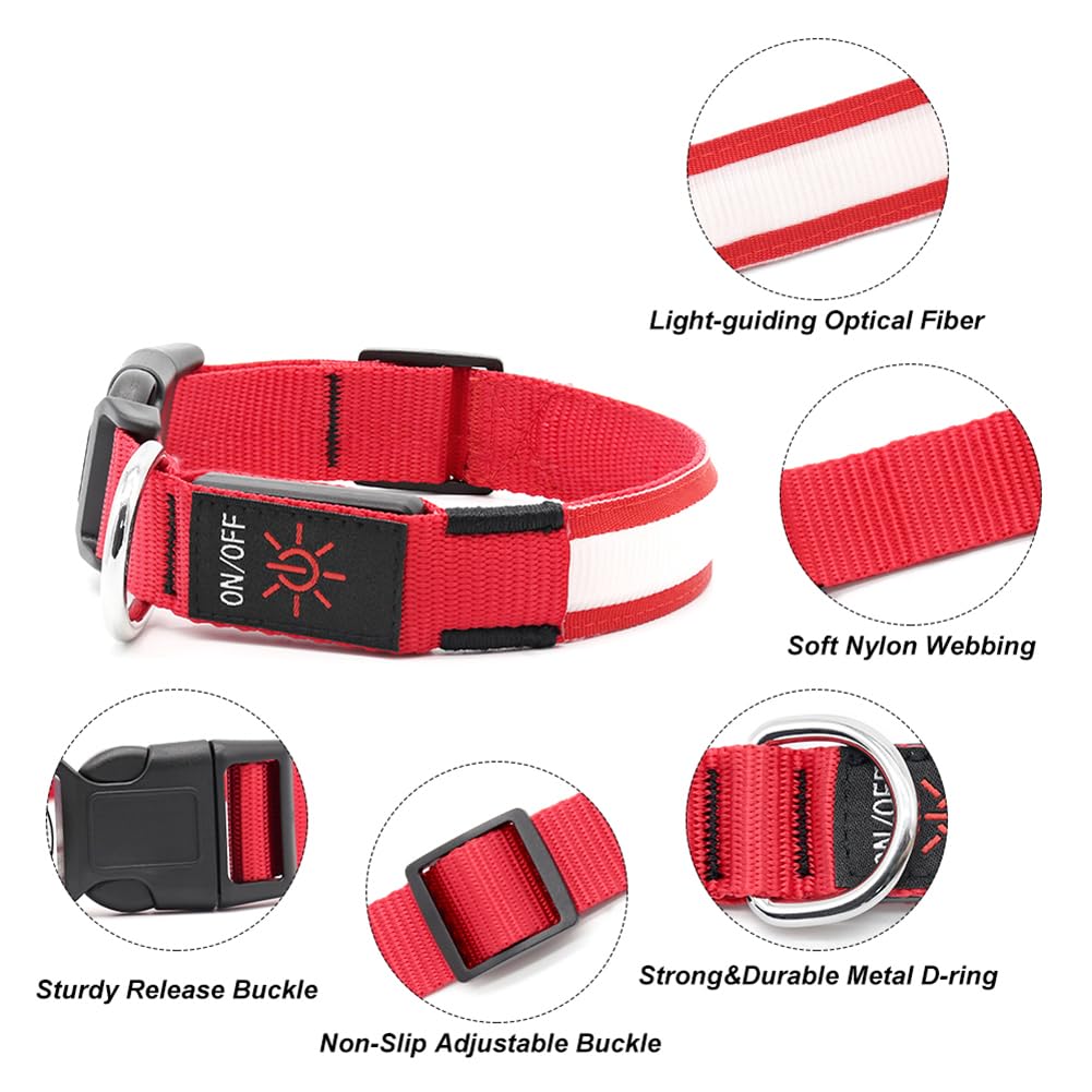 Illumifun Led Dog Collar, Usb Rechargeable Light Up Dog Collars, Flashing Safety Dog Collar Glow In The Dark (Red, Medium)
