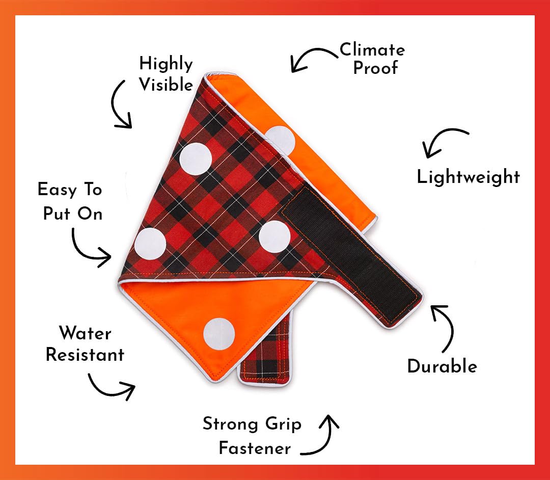 Spot The Dog! Reflective Dog Bandanas - Reversible High Visibility Safety Dog Accessories For Small, Large Dogs, Collar, Scarf, Bib Gear For Hunting, Walking At Night (Blaze Orange, Red Plaid, M-L)