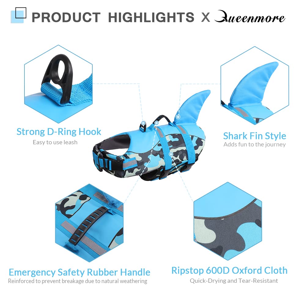 Queenmore Dog Life Jacket Ripstop Dog Shark Safety Vest Adjustable Preserver With High Buoyancy And Durable Rescue Handle For Sm