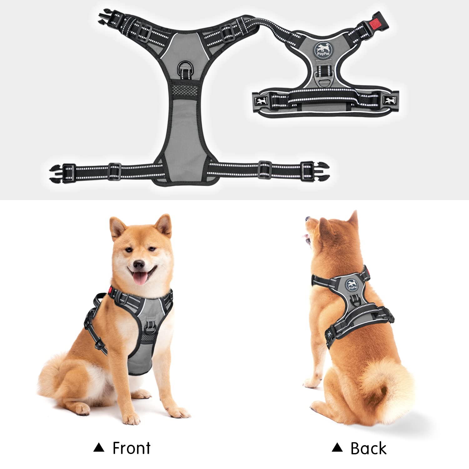 Poypet No Pull Dog Harness, No Choke Front Lead Dog Reflective Harness, Adjustable Soft Padded Pet Vest With Easy Control Handle For Small To Large Dogs(Grey,Xs)