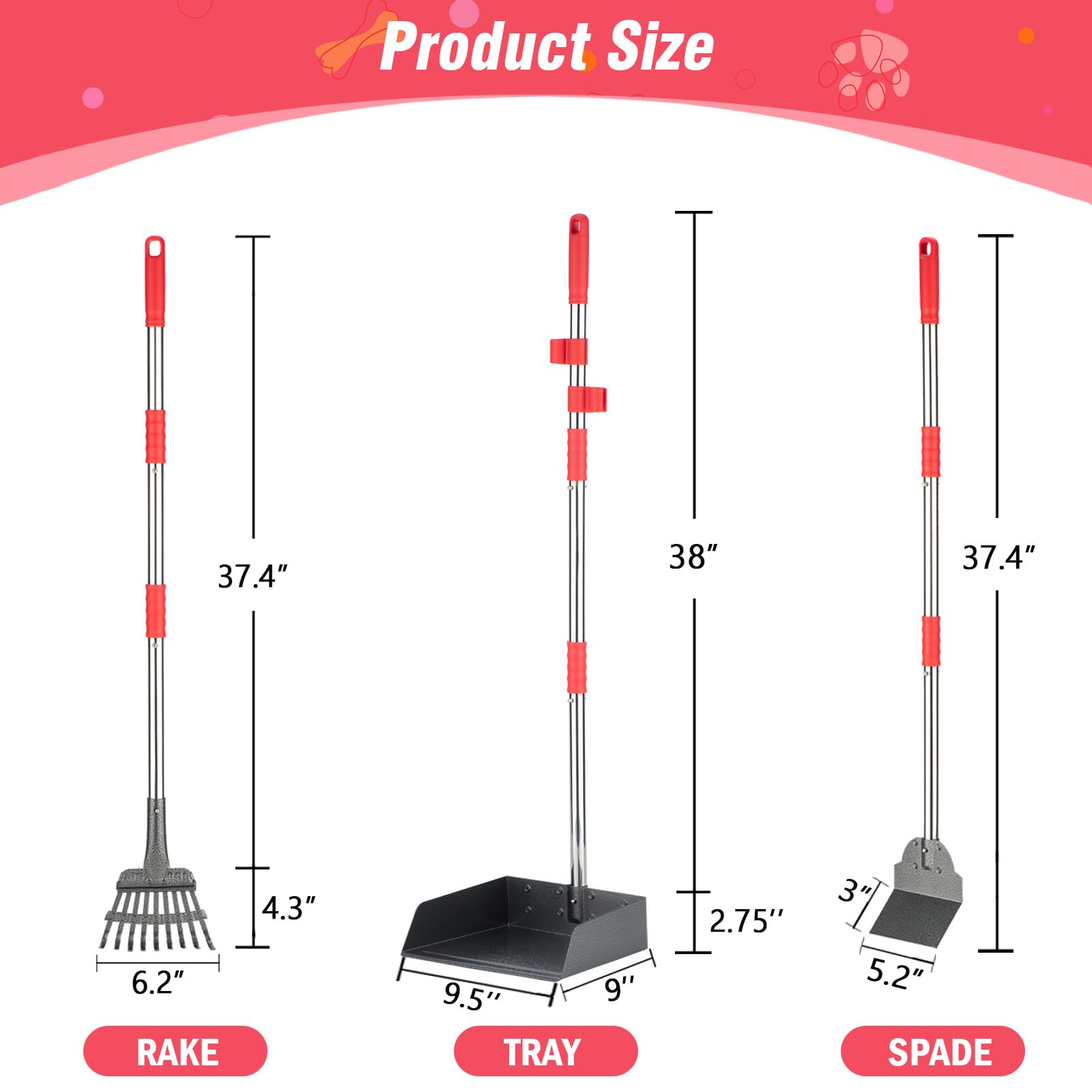 FUSBUNTY Dog Pooper Scooper Set - Heavy Duty Stainless Steel Rake & Extra Large Tray for Easy Pet Waste Removal on Grass, Dirt, or Gravel