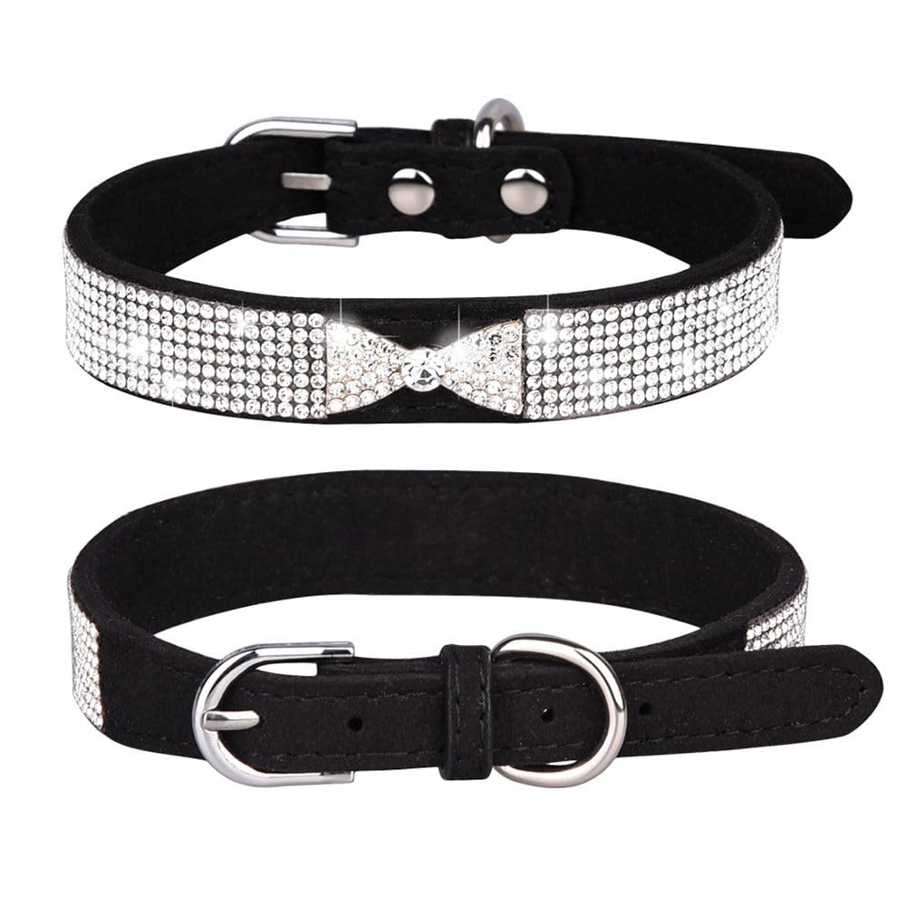 Black Bling Collars For Medium Dogs, Pretty Crystal Sparkly Diamond Bow Rhinestone Puppy Collars Glitter Jeweled Bling Girl Dog