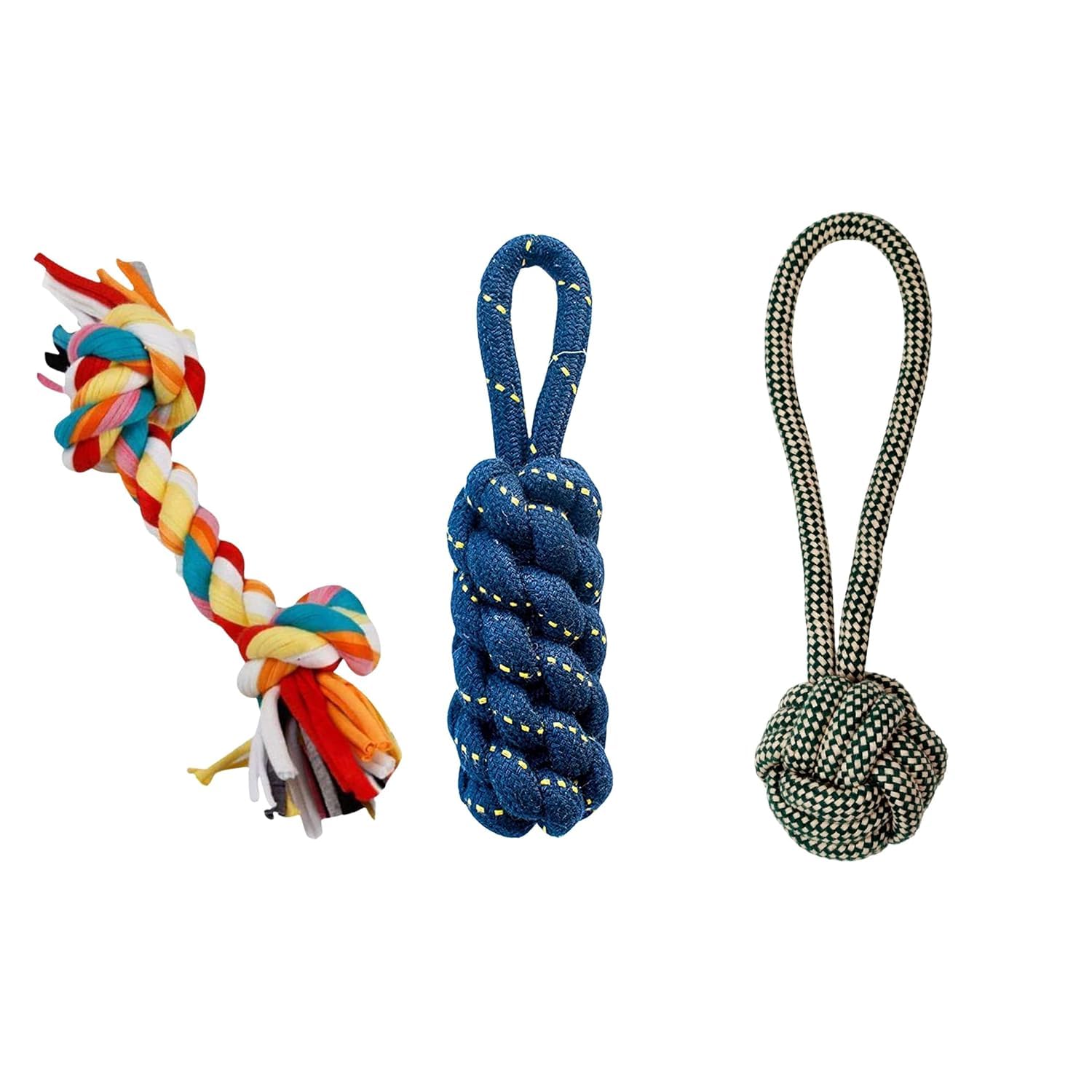 Kittupet 3In1 Cotton Rope Dog Chew Toys Combo For Small Dogs & Puppies  2 Knot Rope, Corn Stick & Handle Rope Tug Toy | Durab