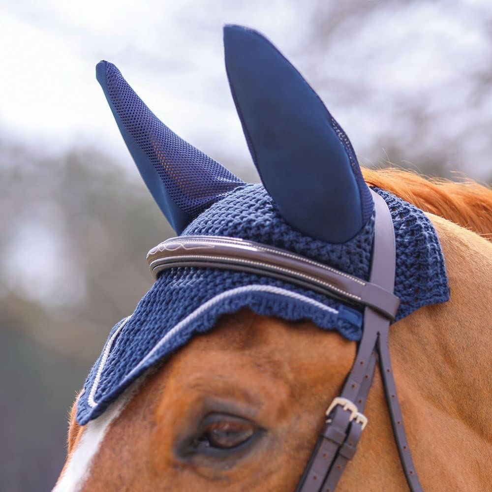 Dura-Tech Quiet & Cool Ear Bonnet | Color Navy | Enhanced Horse Focus | Durable Mesh and Neoprene Construction | Elegant Crochet