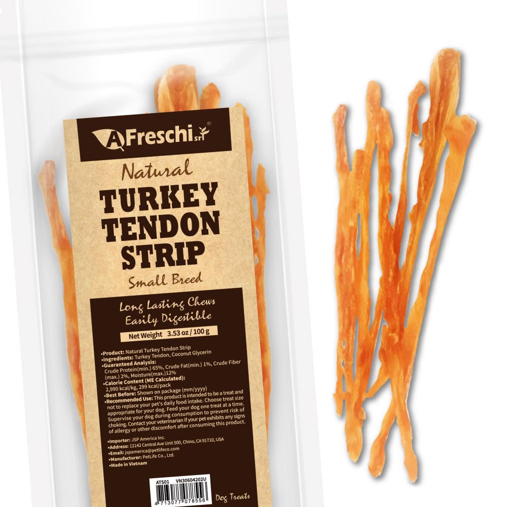 Afreschi Turkey Tendon Dog Treats, Strip 3.53 oz, USA Sourced Turkey, All Natural Human Grade Puppy Chew, Hypoallergenic, Rawhid