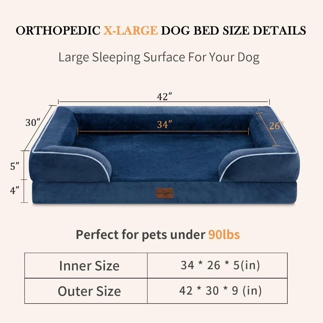 Comfort Expression Extra Large Dog Bed, Waterproof Orthopedic Foam Bed With Bolster, Washable Sofa Pet Bed With Removable Cover & Non-Slip Bottom (X-Large, Navy Blue)