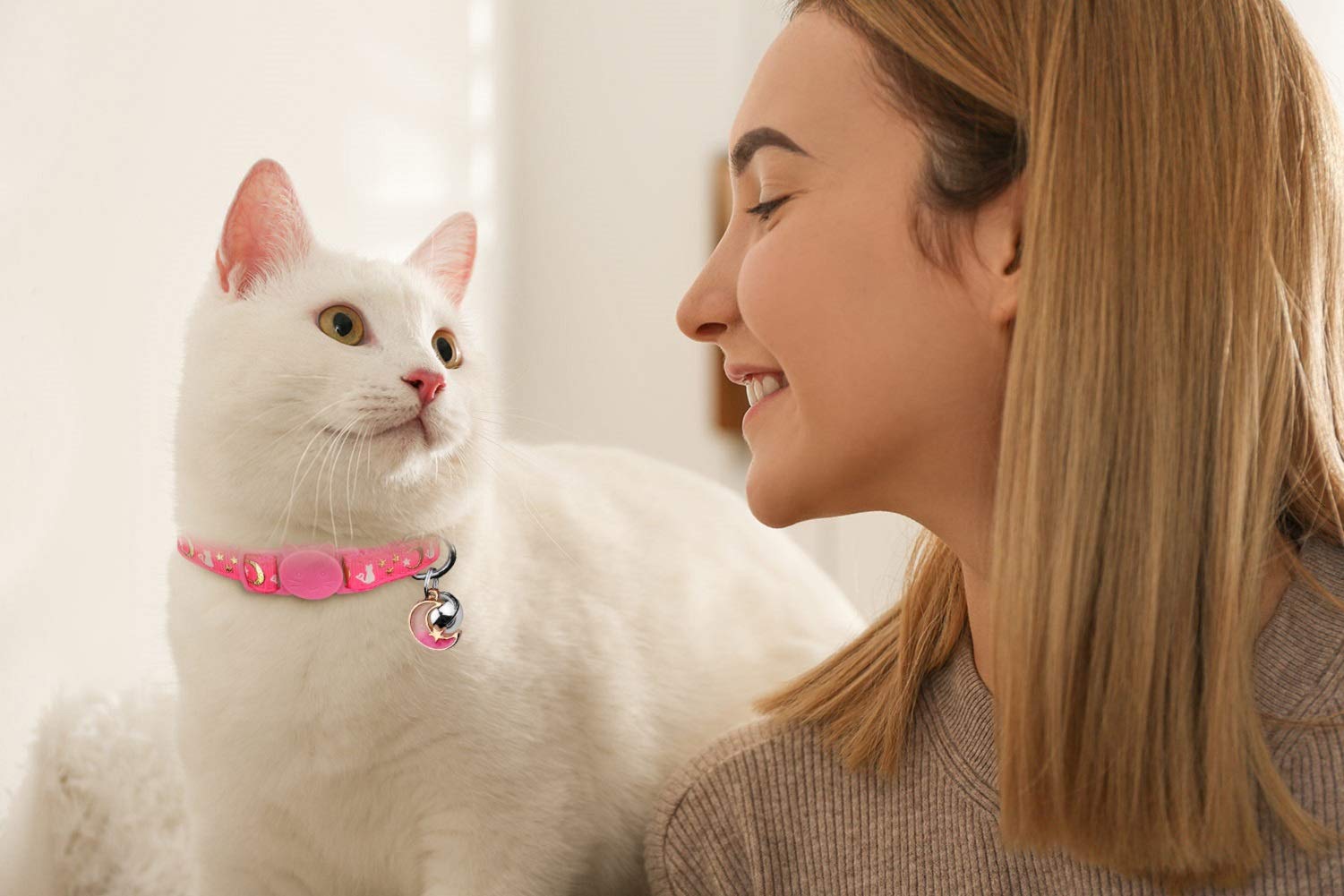 2Pcs Breakaway Cat Collars With Bell Moons Stars Cute Kitty Adjustable Safe Kitten Collars With Pendant Glow In The Dark(Pink&Teal)