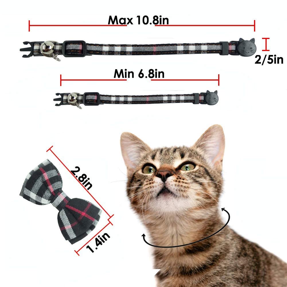 Cat Collar Breakaway With Bell And Bow Tie, Plaid Design Adjustable Safety Kitty Kitten Collars(6.8-10.8In) (Black Plaid 2)